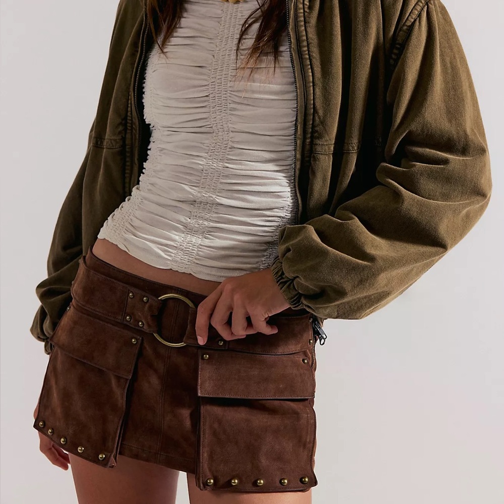 Olive Cropped Utility Jacket with Brown Suede Shorts Set - Picture 3 of 5